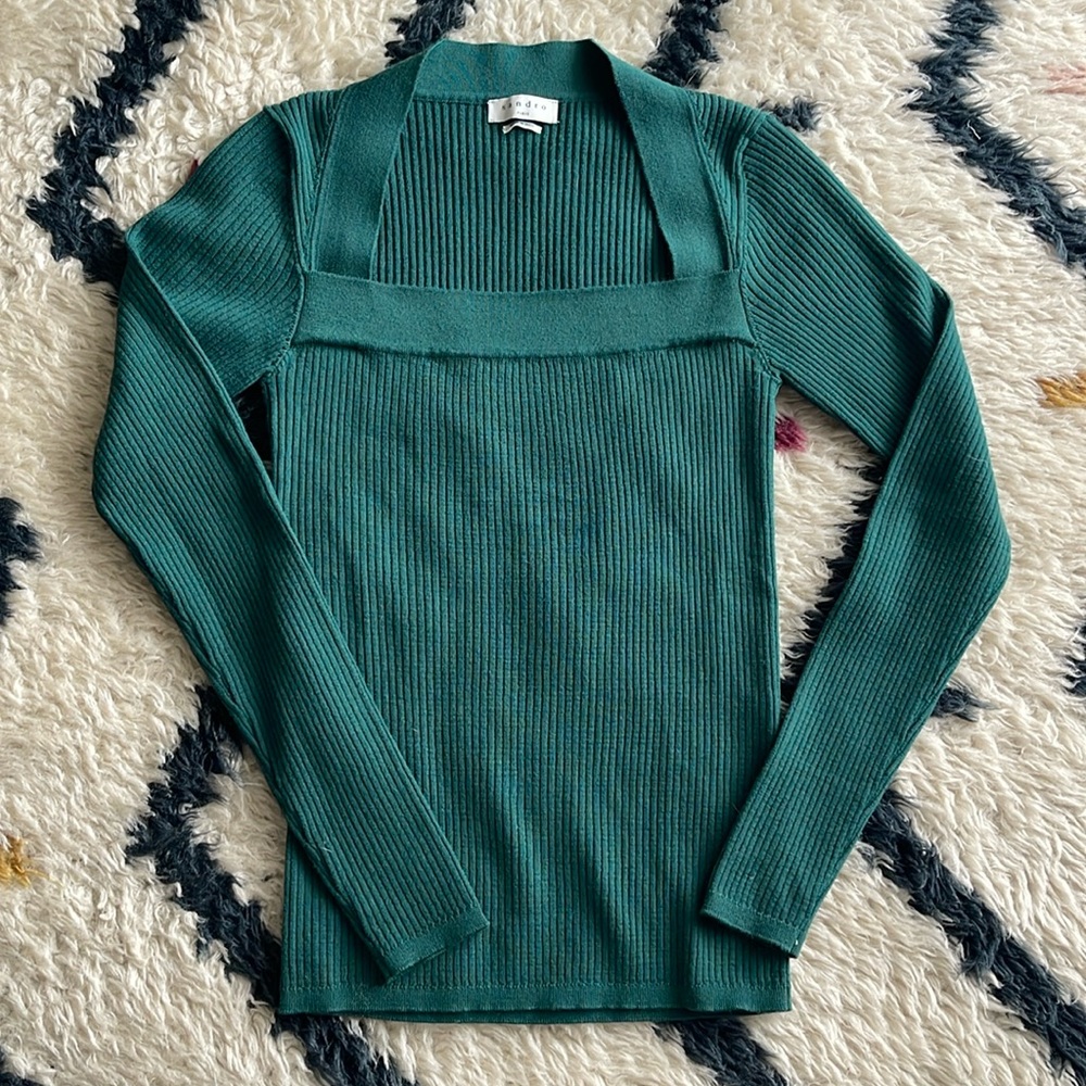 SANDRO PARIS Mola Robbed Sweater- Dark Green- Size: Medium
